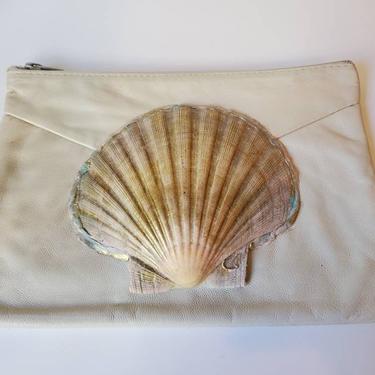 Vintage cream clutch with large reworked seashell by Amanda Alarcon-Hunter for Minx and Onyx 