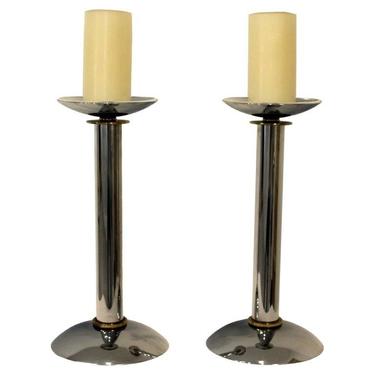 Pair of Karl Springer Chrome & Brass Postmodern Candle Holders 
