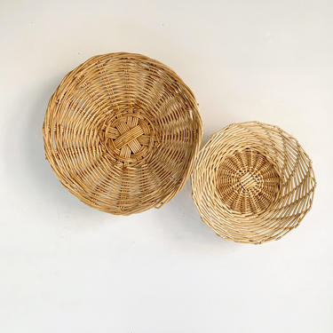 Two Wicker Baskets, Pair of Vintage Woven Wicker Rattan Bowls, Light Tone Wall Basket Decor or Catchall 