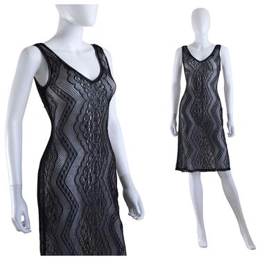 1990s Black Crochet Mesh Lace Dress - 1990s Mesh Dress - 1990s Black Fish Net Dress - 90s Black Cocktail Dress - 90s Dress | Size Small 