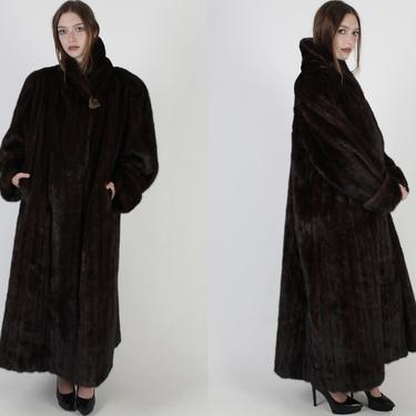 Full Length Mahogany Mink Fur Coat With Pockets / Vintage 80s Big Fur Collar / Womens Elegant Natural Dark Jacket XXL 