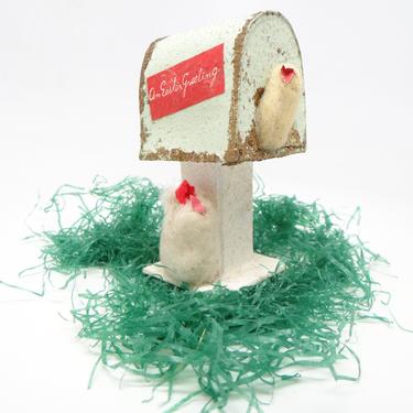 Antique 1950's Easter Greeting Mailbox with Cotton Chickens, Vintage Easter Chick 
