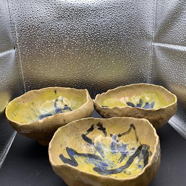 1970s Handmade Ceramic Glazed Bowls: Set of 3 
