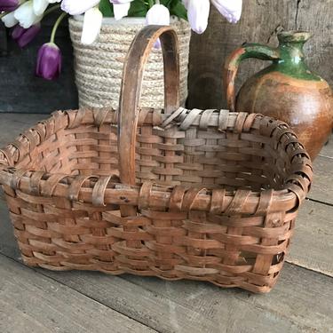 Rustic Willow Gathering Basket, Small Wicker Basket, Bent Wood Handle, Farmhouse, Garden Flower Basket by JansVintageStuff