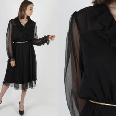 Black Chiffon Tuxedo Style Dress Vintage 70s Ruffle Deep V Neck Dress Sheer Sleeve Formal Event Knee Length Mini Dress 