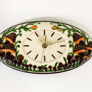 Vintage Mushroom Wall Clock 70s 1970s Oval Handmade Mid-Century Kitchen Retro Ceramic Hand Made Kitschy Kitsch Kawaii Cute 