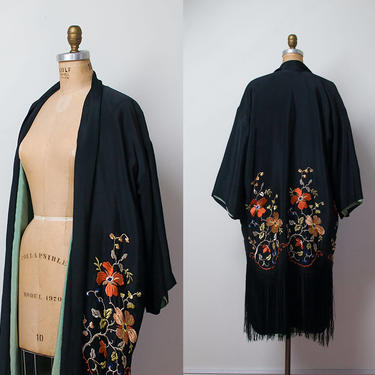 1920s Kimono Robe / 20s Fringed &amp; Embroidered Jacket 