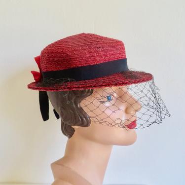 Vintage 1930&#39;s Red Straw Small Brimmed Hat Poppy Flower and Ribbon Trim Black Veil 30&#39;s Millinery Spring Summer 