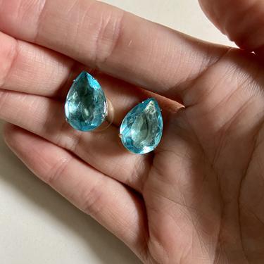 Huge Blue Glass Glittering Tear Drop Earrings