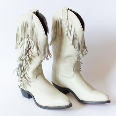 Size 7.5M | Vintage Deadstock 80s Western Boot | White Leather Fringe Cowgirl Boot | Capezio Made in USA 