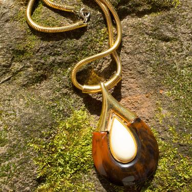 New Age Futuristic Vintage 70s Amber &amp; Cream Teardrop Pendant Necklace with Snake Chain 