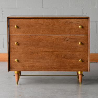 3ft Mid Century Modern John A Colby Chest of Drawers in Walnut and Brass 