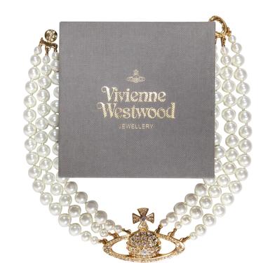 Vivienne Westwood - Three Strand Faux Pearl Choker Necklace w/ Jeweled Gold Logo