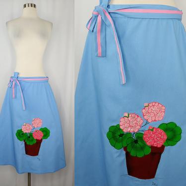 Vintage Seventies Light Blue Wrap Skirt with Painted Flowers - 70s XL Wrap Skirt with Flower Pot 