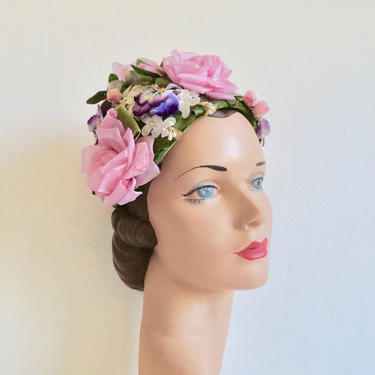 Vintage 1950's Silk and Velvet Roses Pansies Flower Hat Fascinator Pink Green High Crown Spring Garden Party Bridal Wedding 50's Millinery 
