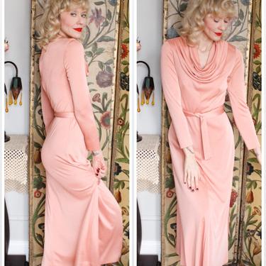 1970s Dress // Peach Pink Jersey Cowl Neck Dress // vintage 70s dress 