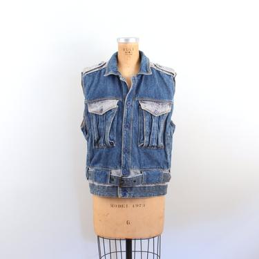 iconic vintage 1980s Gasoline Jeans denim vest - Gasoline denim vest / 80s stonewashed denim vest - two tone denim / sleeveless denim jacket 