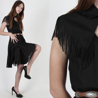 Vintage 80s Rodeo Western Dress / Womens Black Cowgirl Fringe / Wild West Cutout Full Skirt Mini Dress 