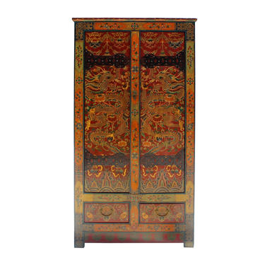 Chinese Tibetan Dragon Flower Graphic Tall Armories Wardrobe Cabinet cs5797E 