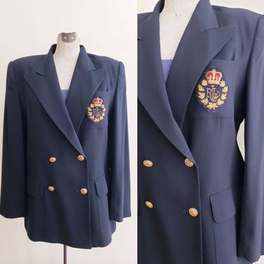 90s Ralph Lauren Blazer Royal Crest / 1990s Designer Jacket Navy Blue Wool and Gold Double Breasted Heraldic Shield Emblem Crow / L / Loane 