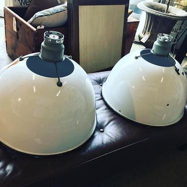 Pair of enameled metal industrial lamps. 21" diameter. $250 each
