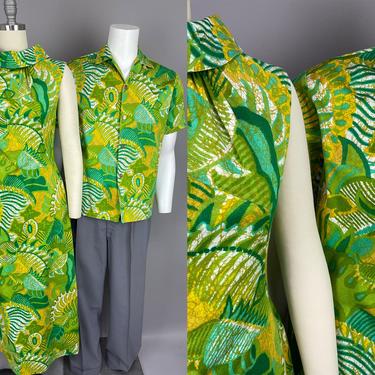 1960s HONEYMOON SET | Vintage 60s Bright Green Hawaiian Dress & Shirt Set | Small + Medium 
