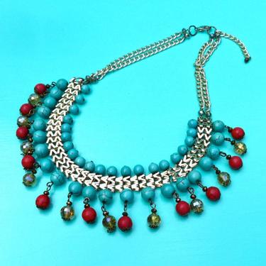 Vintage Egyptian Revival Bib Beaded Necklace Red Turquoise Beads 1960's Egyptian Style Jewelry 