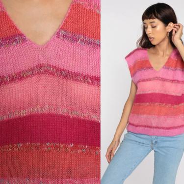 Mohair V Neck Sweater Top 80s Sheer Pink Striped Knit Top 1980s Retro Vintage Boho Fuzzy Cap Sleeve Top Slouchy medium 