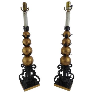 Extraordinary Wrought Iron and Gilt Metal Lamps Attributed to Gilbert Poillerat