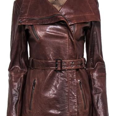 Andrew Marc - Brown Leather Zip-Up Belted Jacket Sz S
