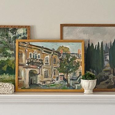Vintage Street Scene Oil Painting Row House Architectural Cityscape 