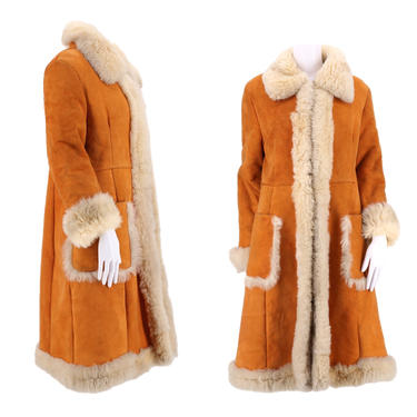 70s PENNY LANE orange suede &amp; shearling trim coat / vintage 1970s almost famous COAT fur jacket M 