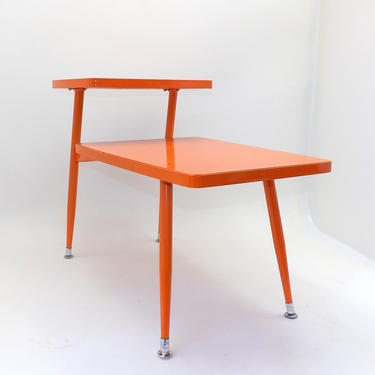 Mid Century Modern Orange Nightstand Night Stand or End Table 2 Tiered Chrome Feet Dated 1960 Living Room Sofa Table Coffee Table Decor 