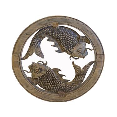 Chinese Round Double Fishes Rustic Raw Wood Wall Plaque Panel ws1945E 