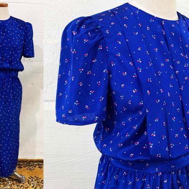 Vintage Floral Dress 1980s Blue Pink Teal Dots Print M.E. II Petites Lucero Short Sleeve Women's Small XS XXS 