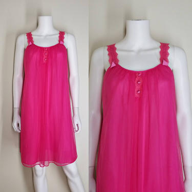Vintage Electric Pink Nightgown, Medium / Hot Pink Babydoll Nightgown / Chiffon Overlayer Nylon Nightgown / Vintage 60s Pinup Lingerie 