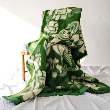 Vintage 70s PEACOCK Green Heavy Woolen Blanket w/ Satin Trim | 100% Wool | Greca, Floral, Bird | 1970s Bohemian Home Decor Throw Blanket 