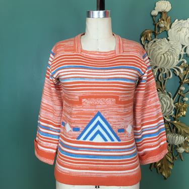 1970s sweater, space dyed, vintage knit top, bohemian, bell sleeves, chevron, orande and turquoise, small medium , hippie shirt, acrylic, 34 