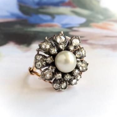 Antique Victorian Pearl And Diamond Ring 14K Silver 