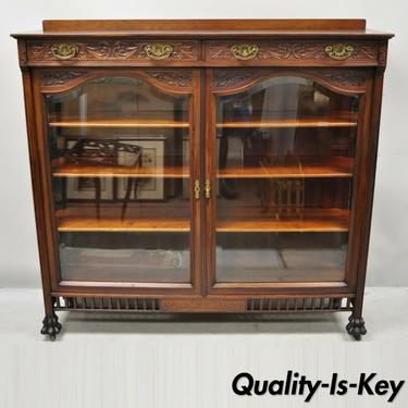 Antique American Victorian Paw Feet Carved Mahogany China Cabinet Bookcase Curio