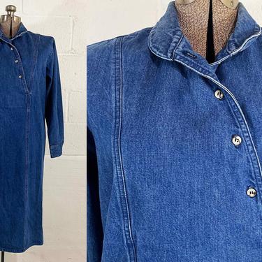 Vintage Eddie Bauer Denim Dress Button Shift West Made in USA 1980s 80s 1990s 90s Long Sleeves Sleeve Cotton Jean Medium Large 