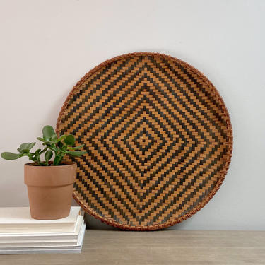 Flat Round Wall Basket 19&amp;quot; Vintage Tribal African Woven Geometric Black Diamond Pattern Bohemian Decor 