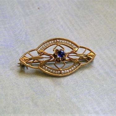 Antique 10K Gold, Sapphire and Seed Pearl Brooch Pin, Antique Edwardian 10K Gold Pin, 10K Gold Brooch Pin (#3715) 