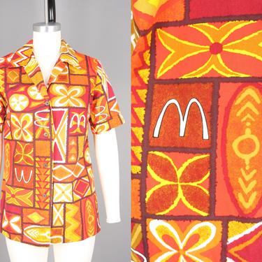1970s Hawaiian McDonald's Shirt · Vintage 70s Orange Tropical Print Short Sleeve Top · small / medium 