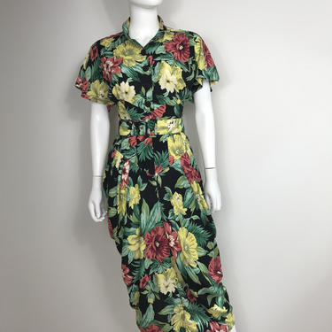 Vtg 80s tropical avant garde floral Karen Alexander drapey dress M 