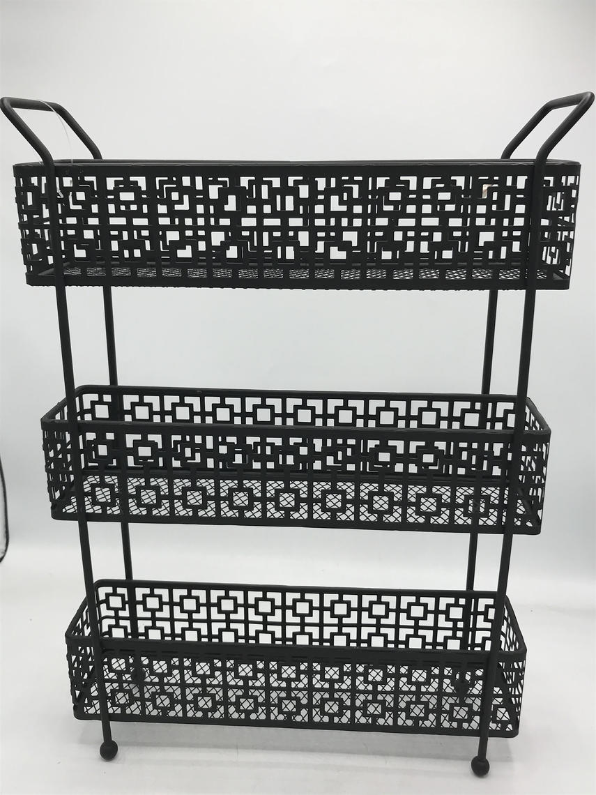 Vintage Mategot Style 3 Tier Pierced Black Metal Wall Hung or Counter Top Shelf 