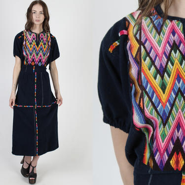 Heavily Embroidered Guatemalan Dress / Vintage 70s Blue Denim Mexican Dress / Bright Ethnic Embroidery / Puff Sleeve Midi Maxi Dress 