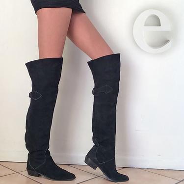 Vintage 80s 90s Over the Knee Boots • Black Suede Leather OTK or Cuffed Slouch Scrunch Rockabilly Rocker Hipster Cowboy Western Boots • 7 