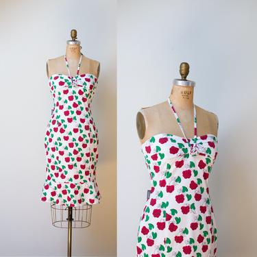 1990s Moschino Dress / 90s Stretch denim Berry Print Sundress 