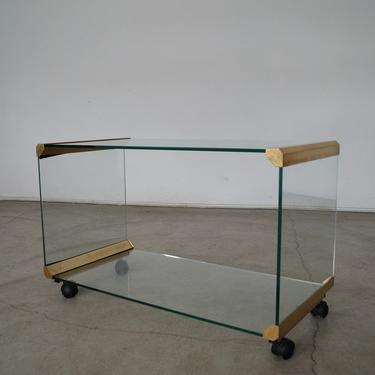 Vintage Mid-century Modern Brass & Glass Media Console Table Cart 